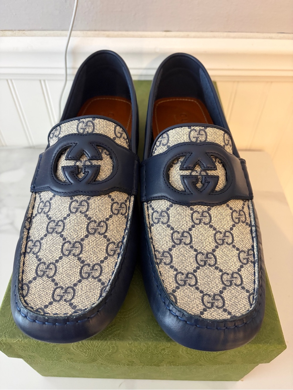 Gucci Navy Blue GG Canvas Leather Drivers - Picture 2 of 6